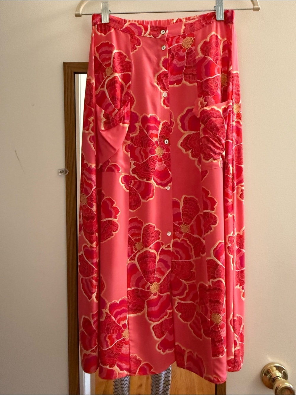 DR2 Coral Pink Floral Button-Front Maxi Skirt
